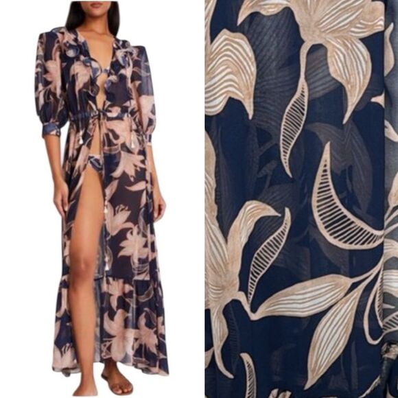 NWT PATBO Stargazer Tie-Front Coverup Robe Tan/Navy XL - Picture 1 of 16